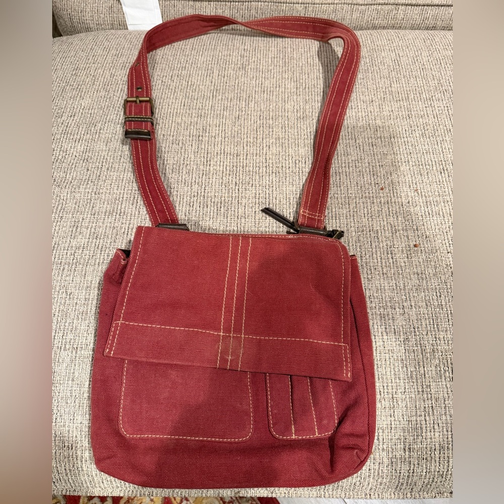 Vintage Fossil Canvas Crossbody Bag Burgundy Red Leather Trim Adjustable Strap